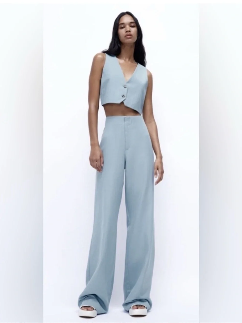 Zara Blue Matching Set | Vest (M) + Wide-Leg Pants (L)